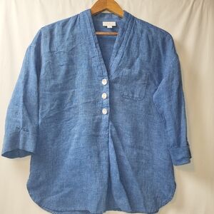 J Jill Love Linen 100% Linen‎ Popover Shirt Women's Size XS Petite Blue